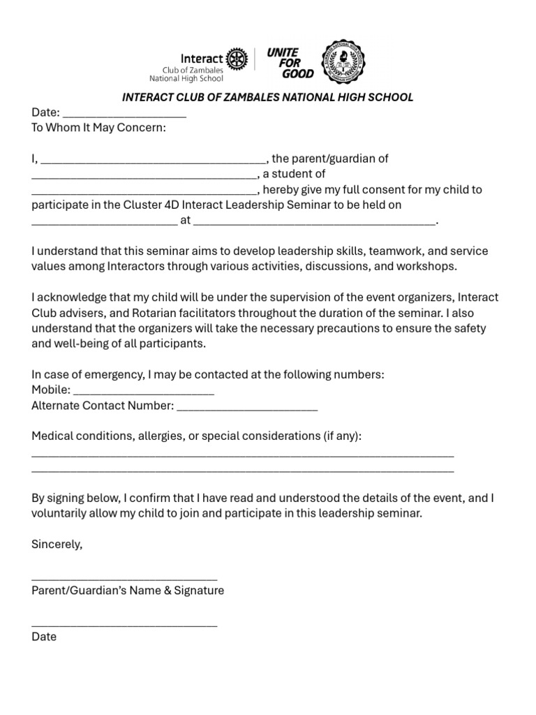 Parental Consent For Cluster 4d Leadership Seminar | PDF