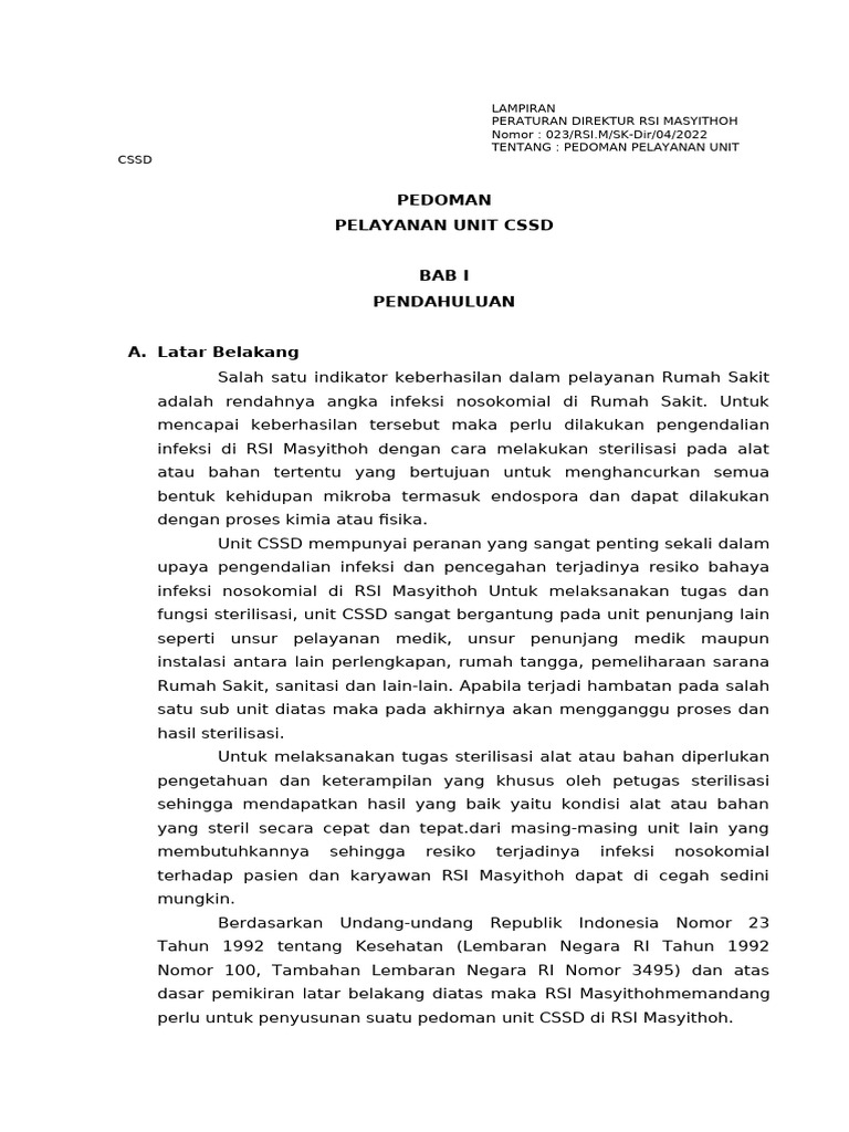 Pedoman Pelayanan Unit CSSD RSI Masyithoh | PDF