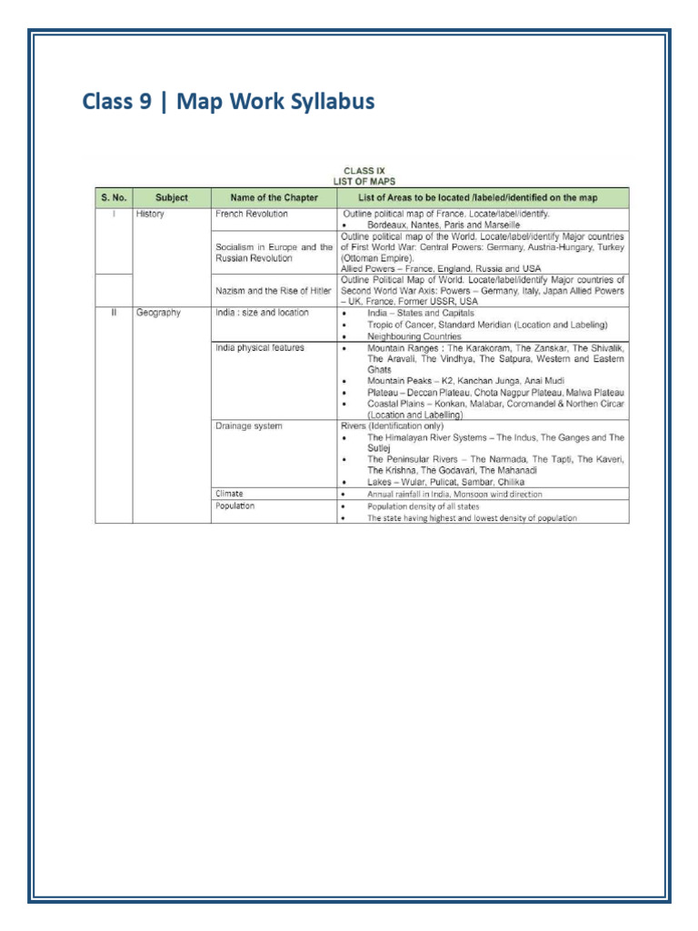 Class 9 Map Work Syllabus Overview | PDF