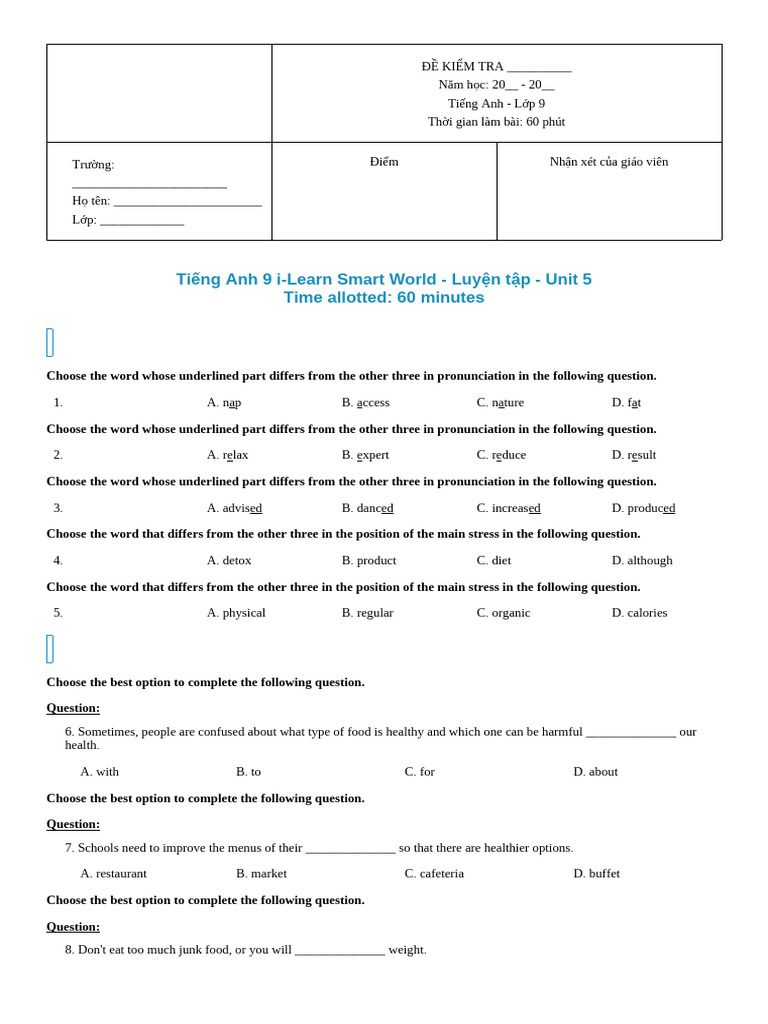 English Test for 9th Grade Students | PDF | Determinants Of Health ...
