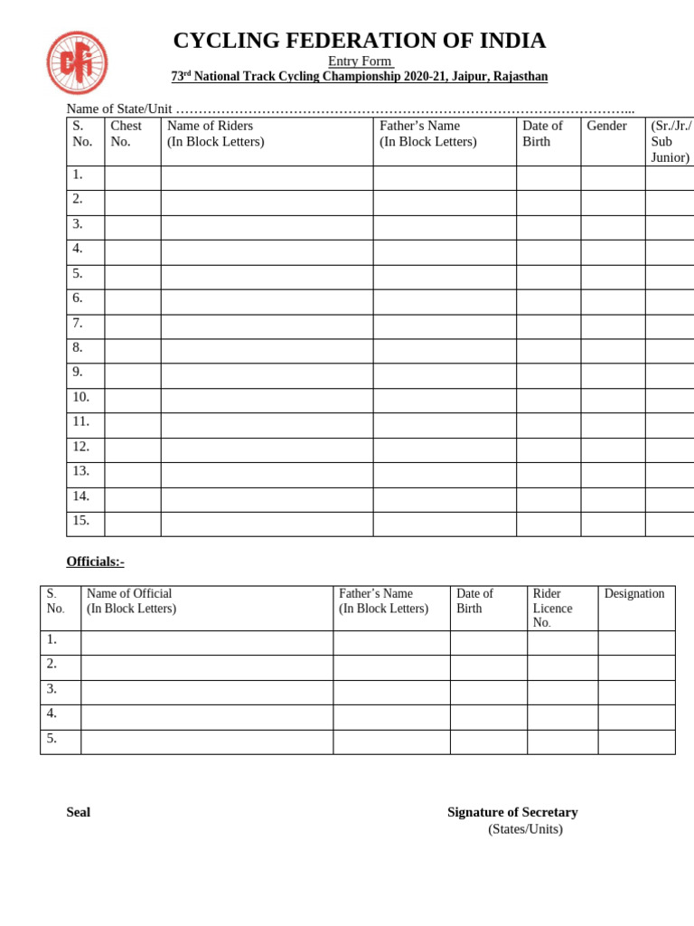 Master Entry Form - 72NTCC | PDF