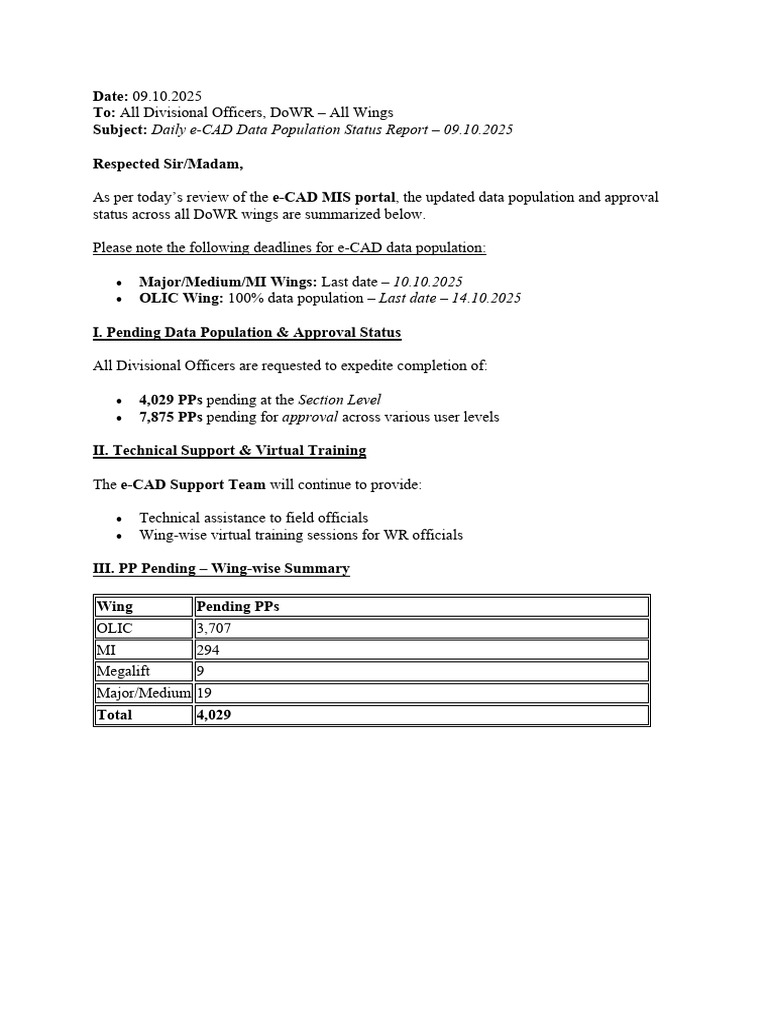 e-CAD Data Status Report - 09.10.2025 | PDF | Computing | Information ...