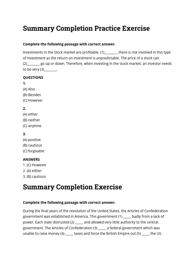 Summary Completion Practice Exercises | PDF