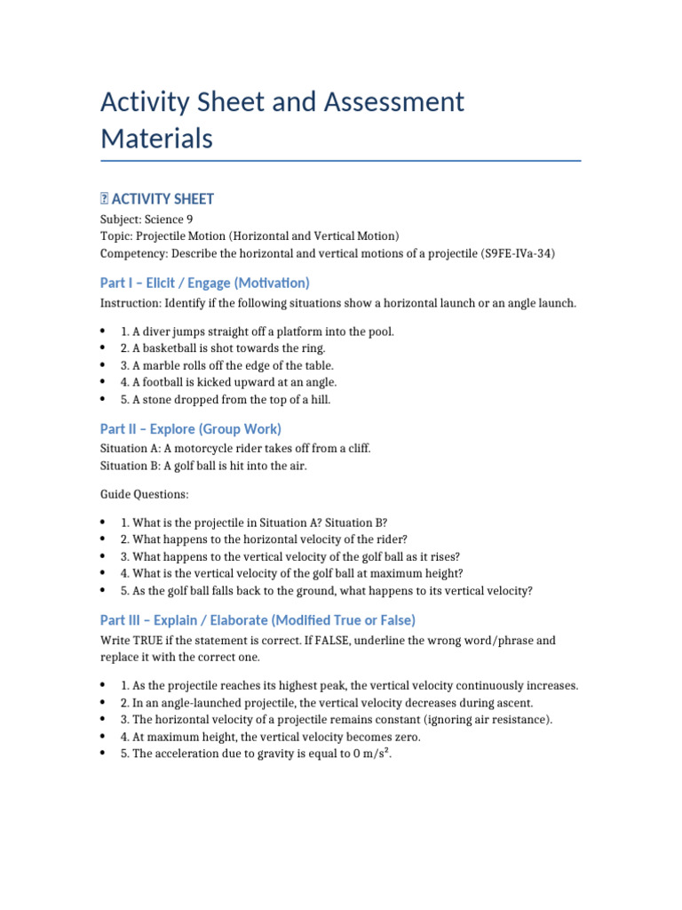 Projectile Motion Activity Sheet | PDF | Projectiles | Dynamics (Mechanics)