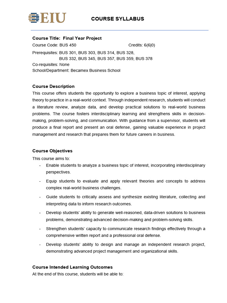 Final Year Project Course Syllabus | PDF | Methodology | Plagiarism