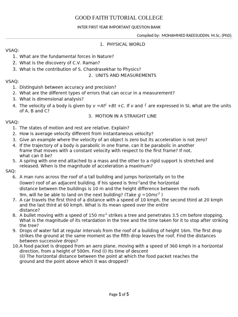 Important Physics Question Bank for First Year | PDF | Collision | Velocity