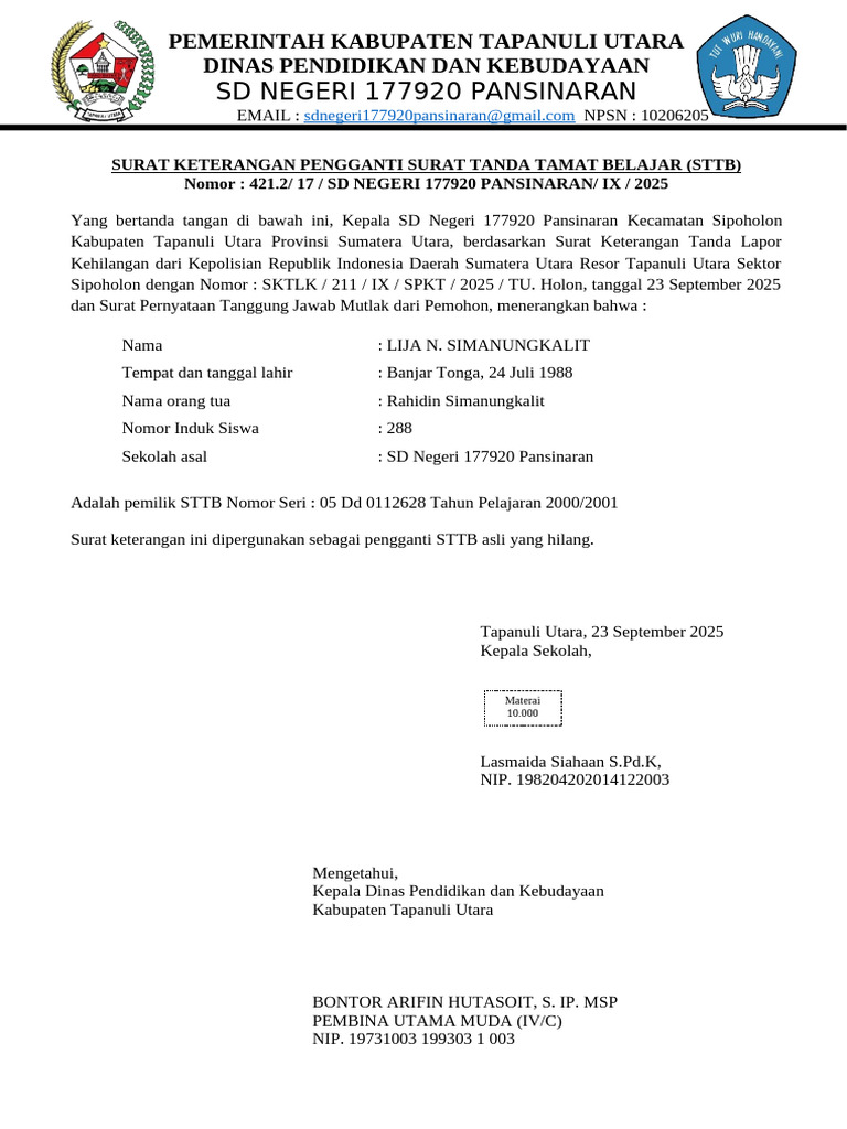 Surat Keterangan Pengganti STTB dan Nilai | PDF