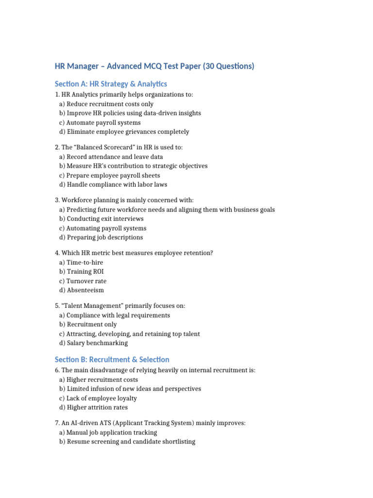 HR Manager MCQ Test: 30 Questions | PDF | Recruitment | Salary