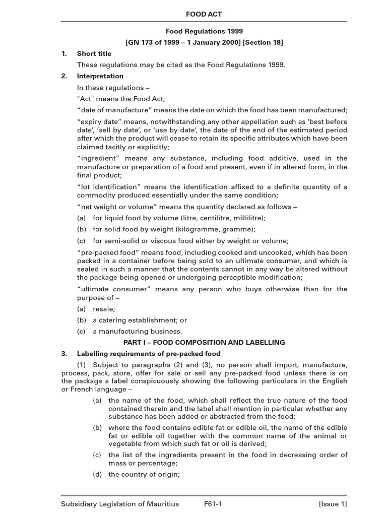 Mauritius Food Regulations 1999 | PDF | Food Safety | Refrigeration