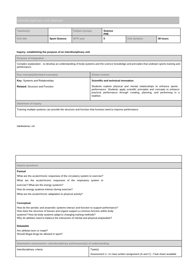 Sport Science Interdisciplinary Unit Plan | PDF | Skeletal Muscle | Science