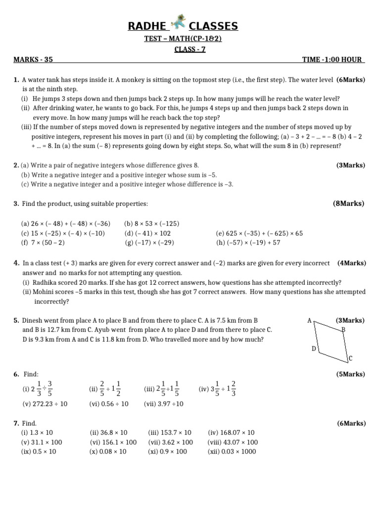 Class 7 Math Test Paper CP-1&2 | PDF | Numbers | Chess