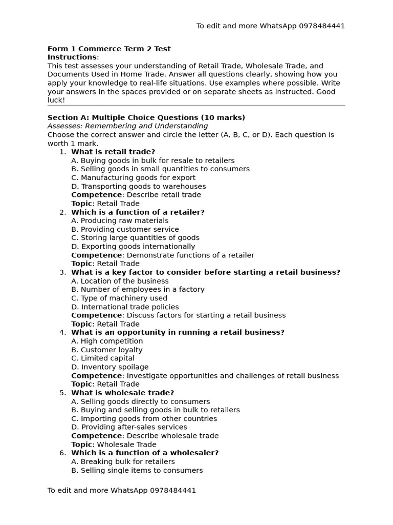 Commerce Test: Retail & Wholesale Trade | PDF | Retail | Invoice
