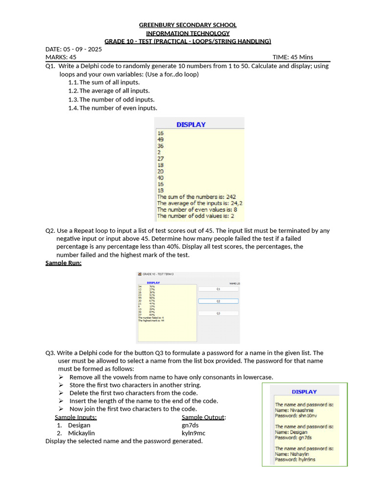 Grade 10 IT Test: Delphi Loops & Strings | PDF