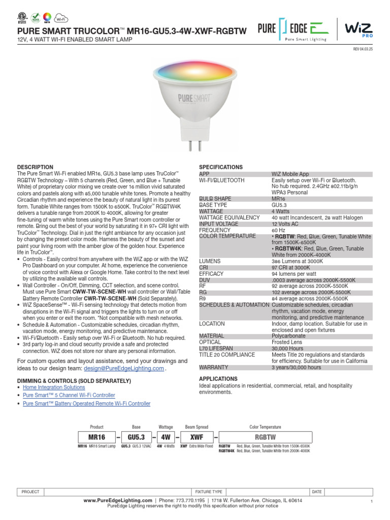PureEdge Pure-Smart MR16 Lamp TruColor RGBTW Rev040325 | PDF | Wi Fi ...