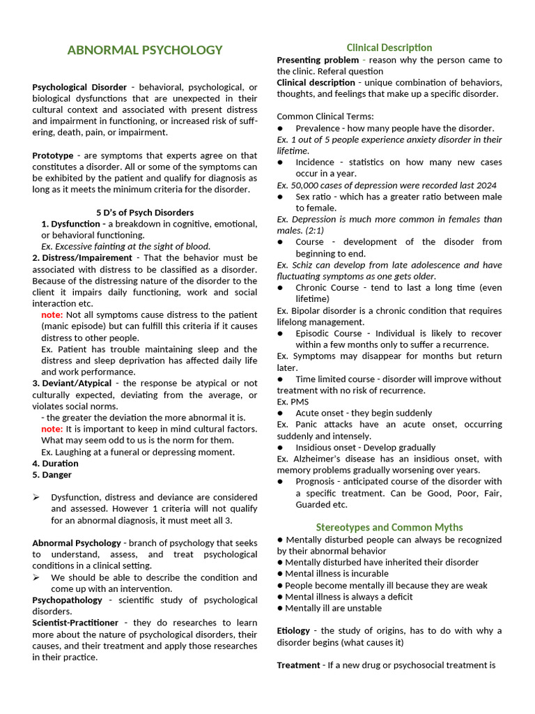 Abnormal Psychology Reviewer | PDF | Neurotransmitter | Mental Disorder