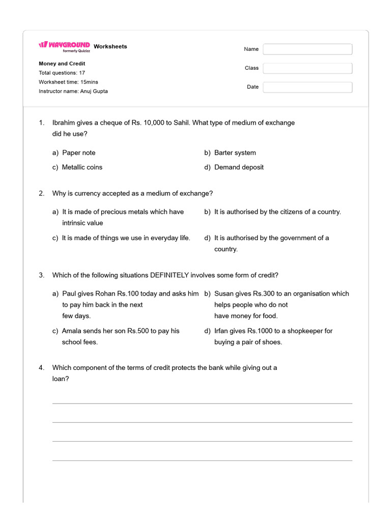 Money and Credit Worksheet | PDF | Loans | Finance & Money Management