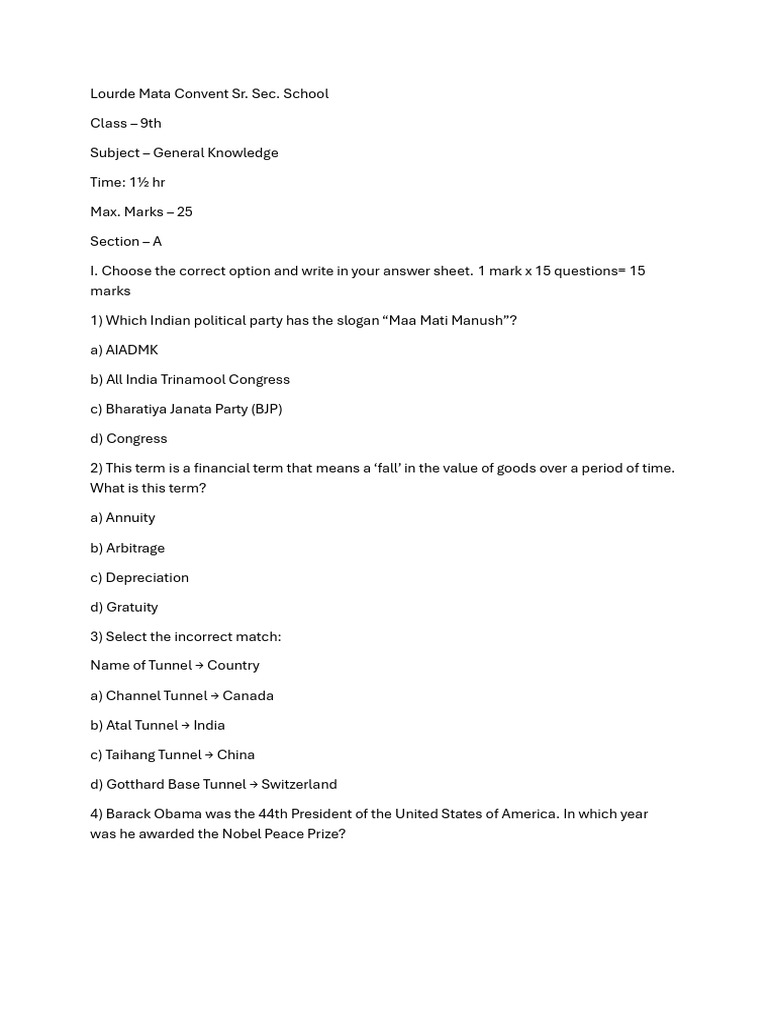 Class 9 General Knowledge Exam Paper | PDF