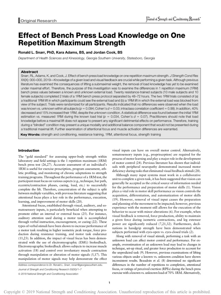 Effect of Bench Press Load Knowledge On One | PDF | Strength Training ...