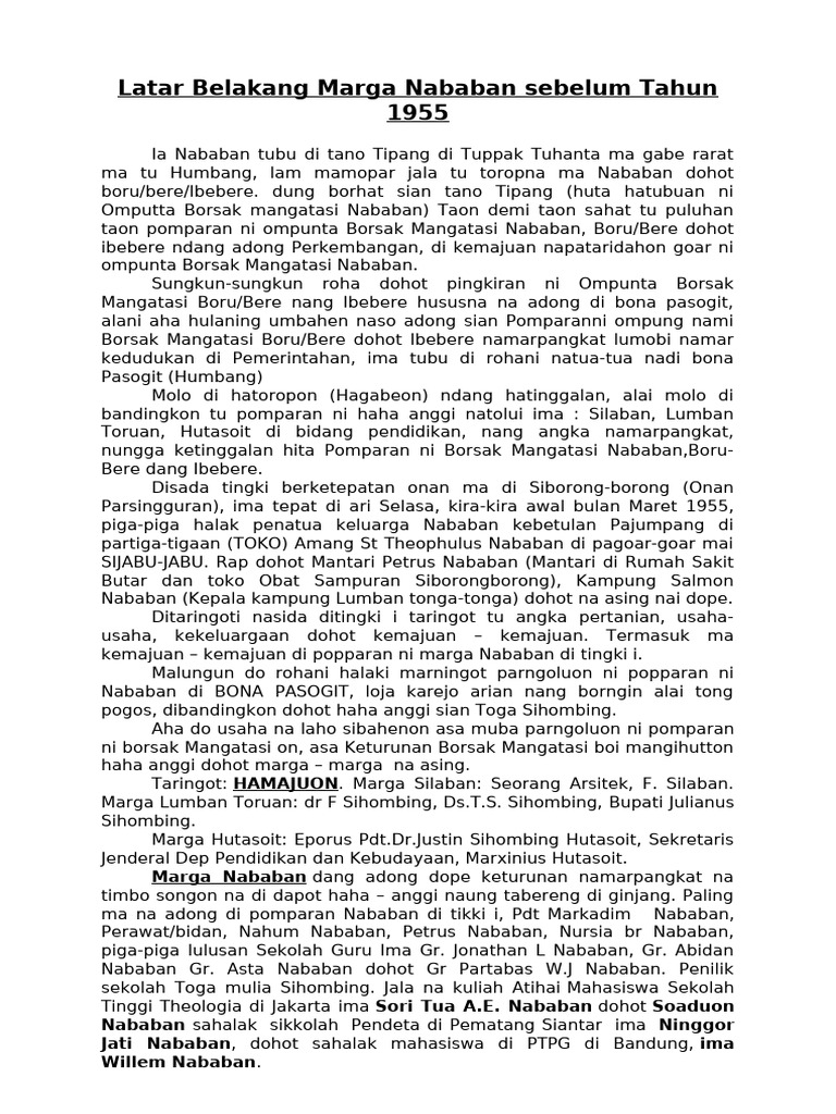 Latar Belakang Marga Nababan Sebelum Tahun 1955 - 2024 | PDF