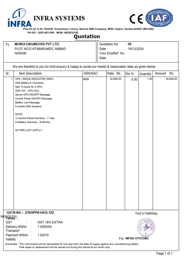 Quotation for UPS/Mains Indicator System | PDF