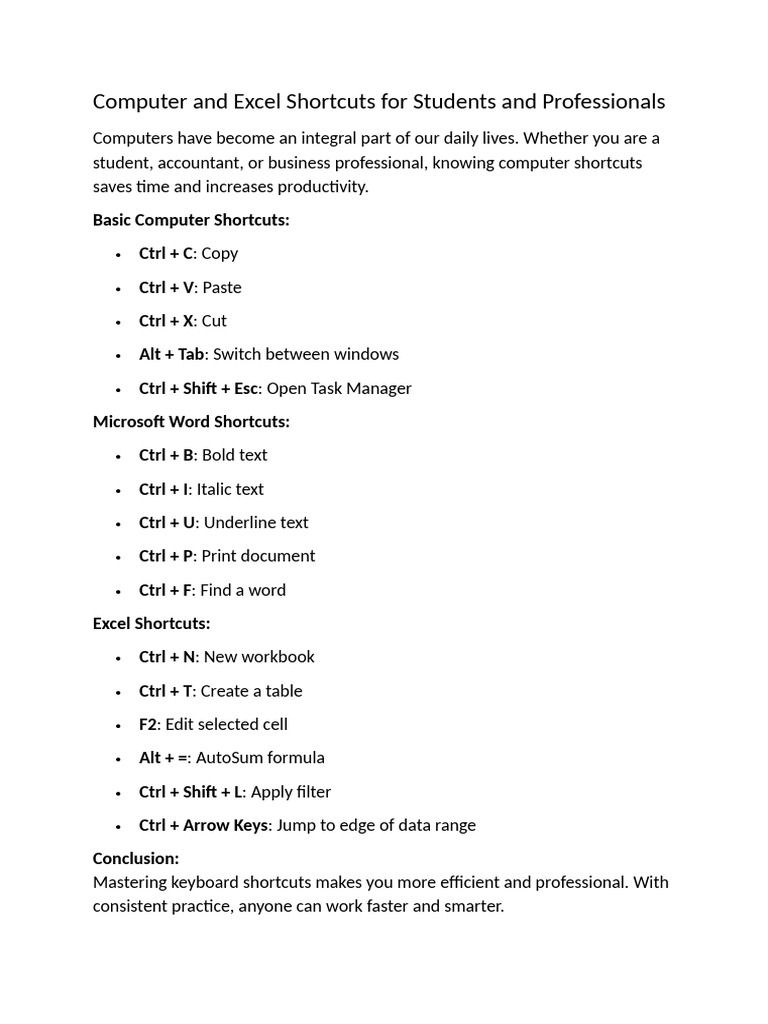 Computer and Excel Shortcuts For Students and Professionals | PDF