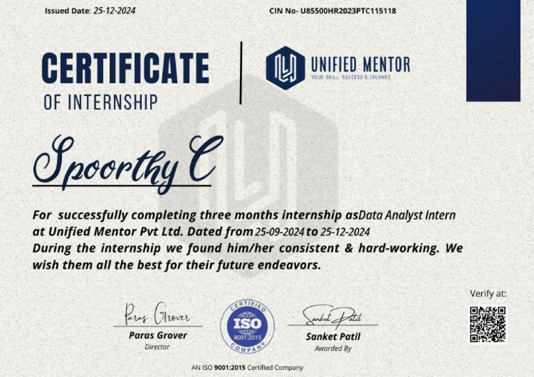 Data Analyst Internship Certificate | PDF
