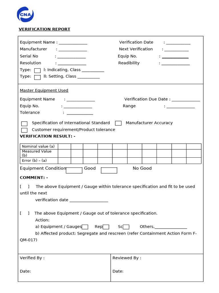 Equipment Verification Report Template | PDF