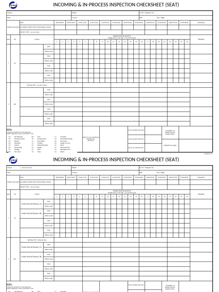 F-QM-033-05 - Incoming & In-Process Inspection Checksheet (Seat) | PDF ...