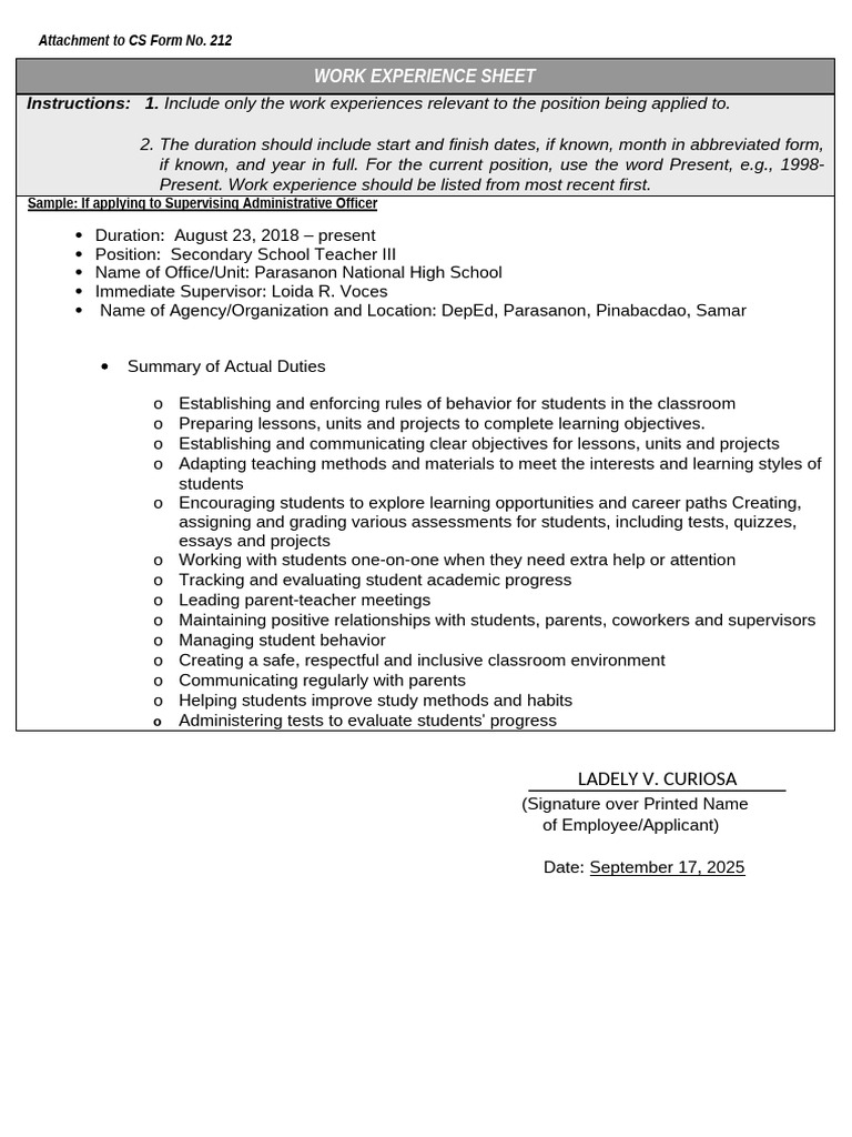 CS Form No. 212 Attachment Work Experience Sheet | PDF | Learning ...