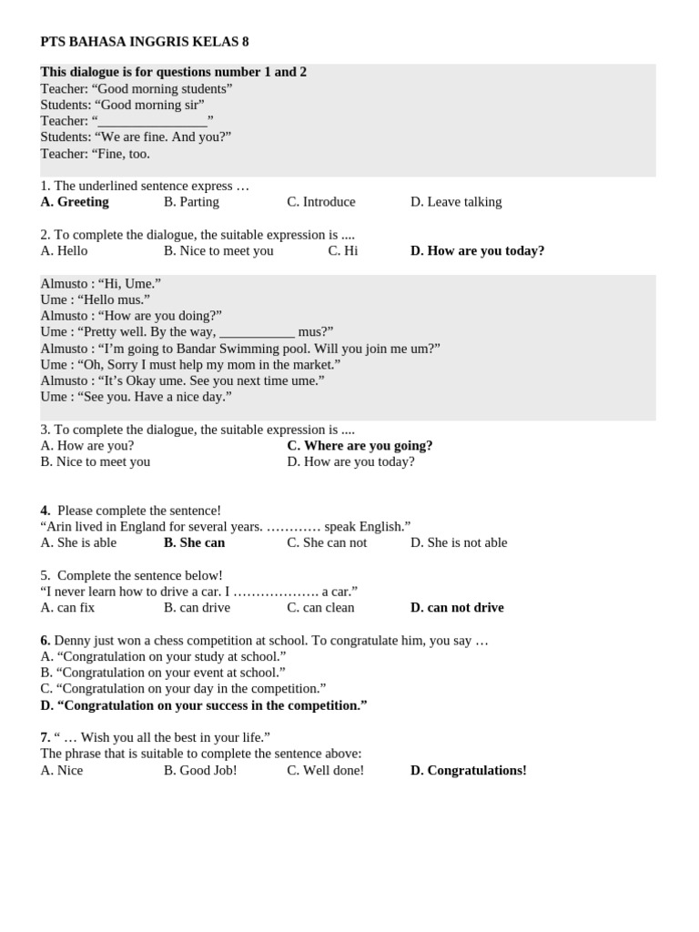 Dialogues and Exercises for 8th Grade English | PDF | Chess Openings ...