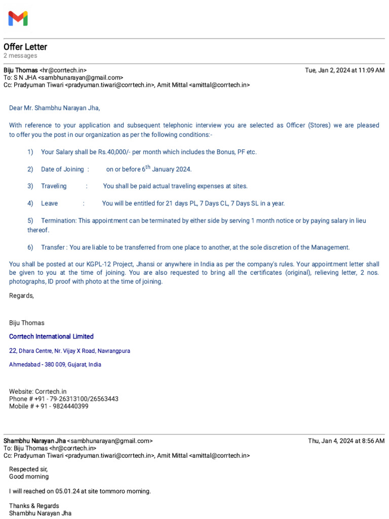 Gmail - Offer Letter Corrtech Inter | PDF