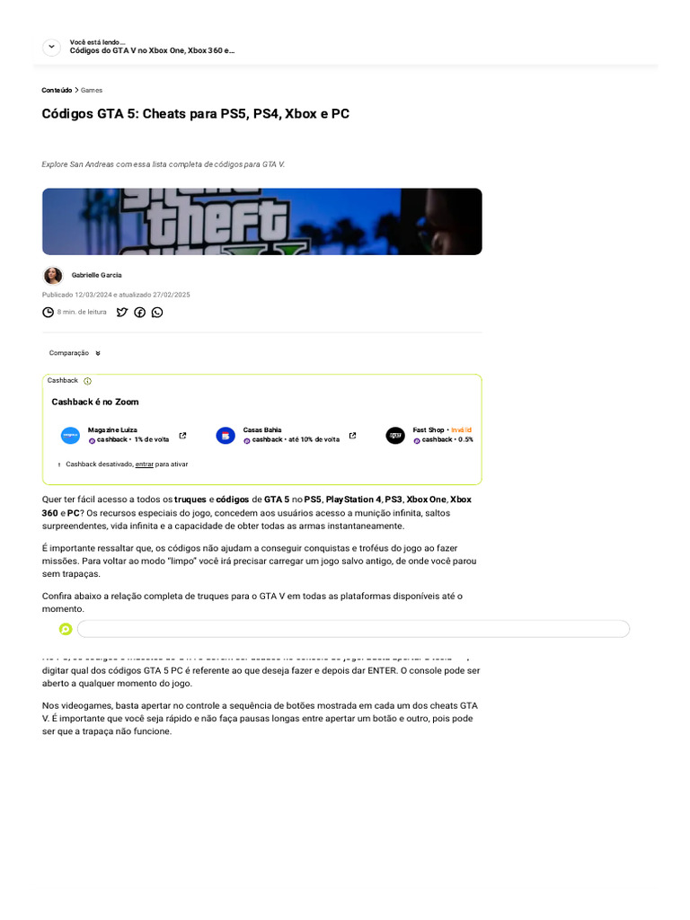 Cheats E C Digos Para GTA 5 PDF Xbox Videogames 1