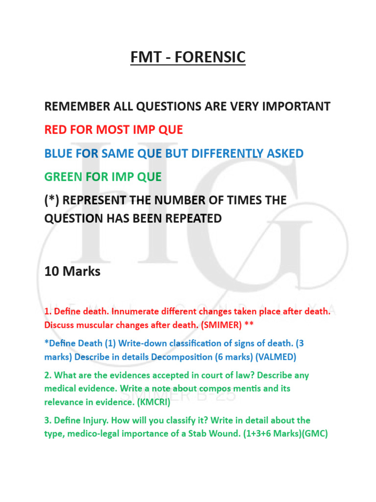 Forensic Medicine Exam Questions Guide | PDF | Autopsy | Medicine