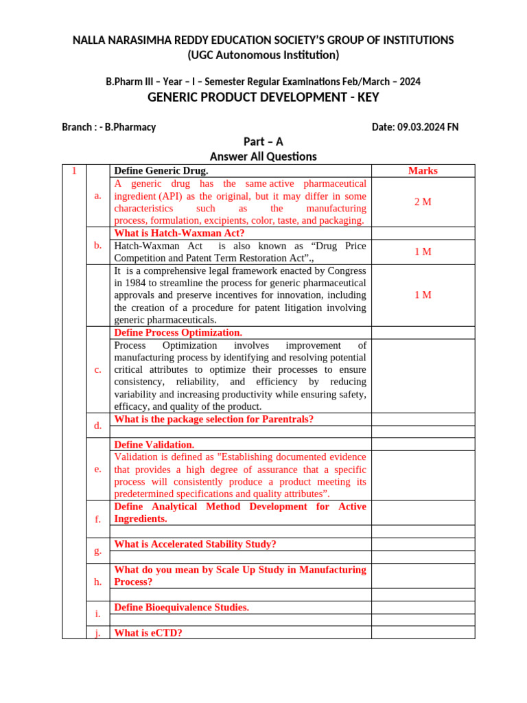 Generic Product Development Exam Key | PDF | Generic Drug | Health Care