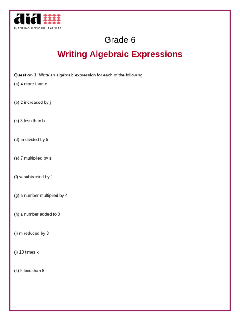 Writing Algebraic Expressions for 6th Grade | PDF