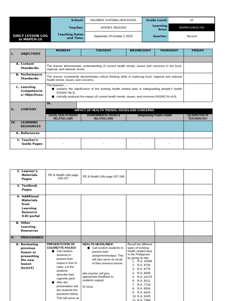 MAPEH 10 Daily Lesson Log: Health Focus | PDF | Learning