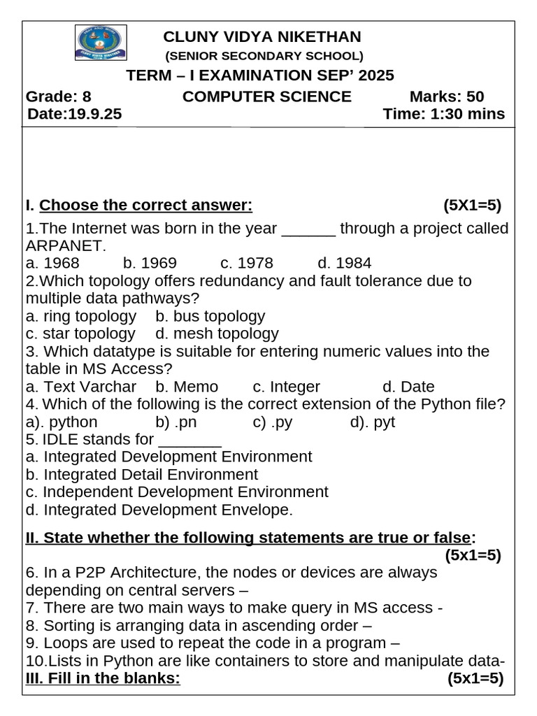 Grade 8 Computer Science Exam 2025 | PDF | Network Topology | Microsoft ...
