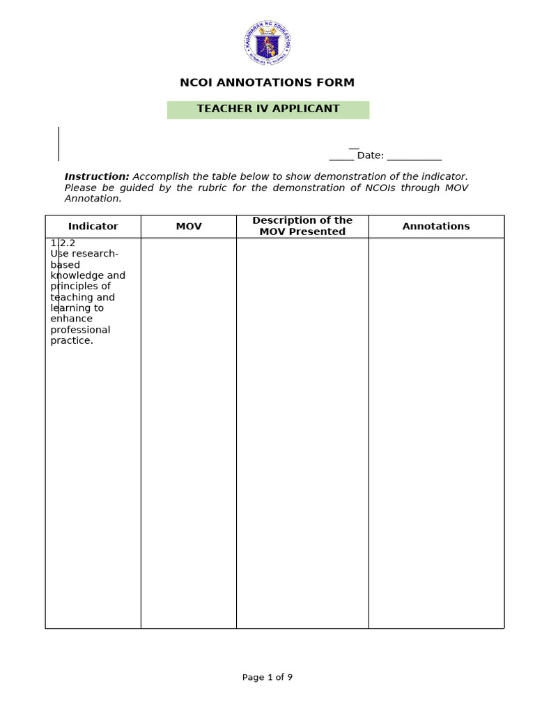 NCOI Annotation Form for Teacher IV | PDF | Teachers | Learning