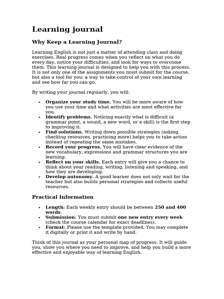 English Learners' Learning Journal Guide | PDF | Learning | English ...