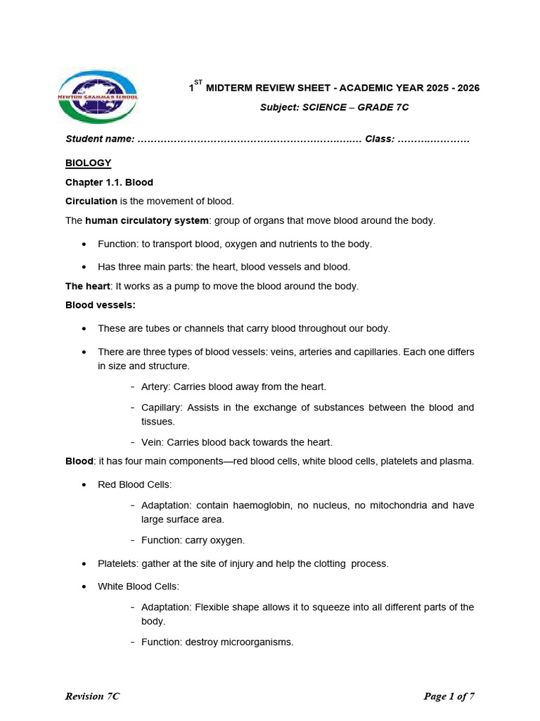 Bản Sao Của 25-26 M1 7C Science Revision | PDF | Lung | Respiratory System