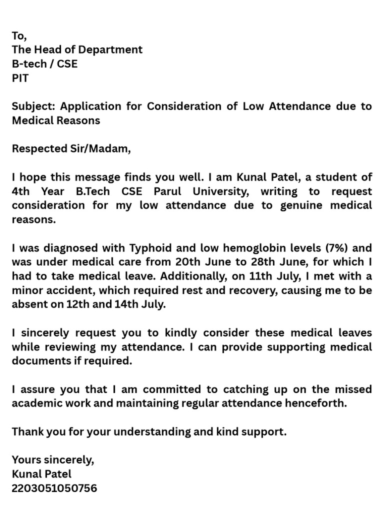 To, The Head of Department B-Tech CSE PIT Subject Application For ...