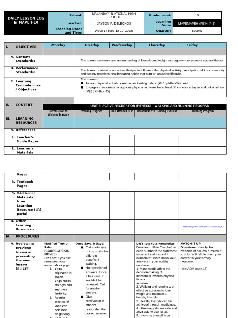 MAPEH 10 Daily Lesson Plan: Fitness | PDF | Learning | Physical Fitness