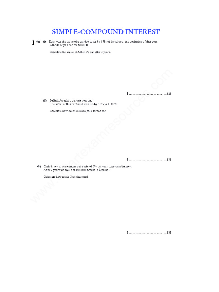 Worksheet On Simple and Compound Interest | PDF
