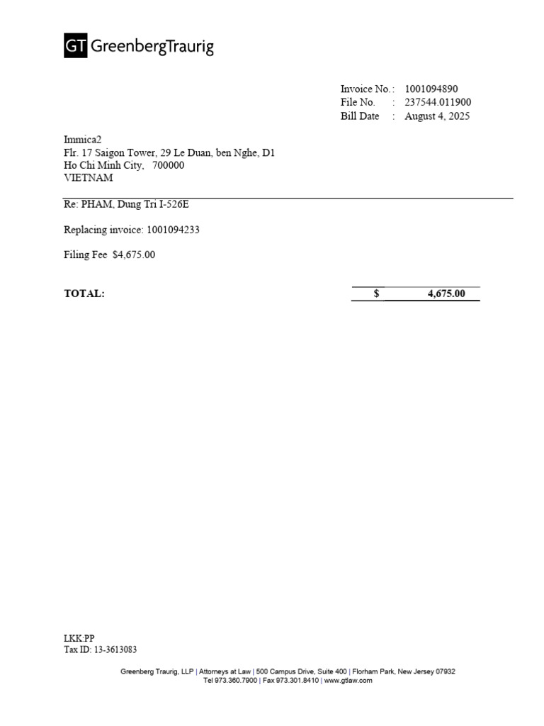 237544.011900 Inv. 1001094890 Filing Fee I526E Pham Tri Dung | PDF