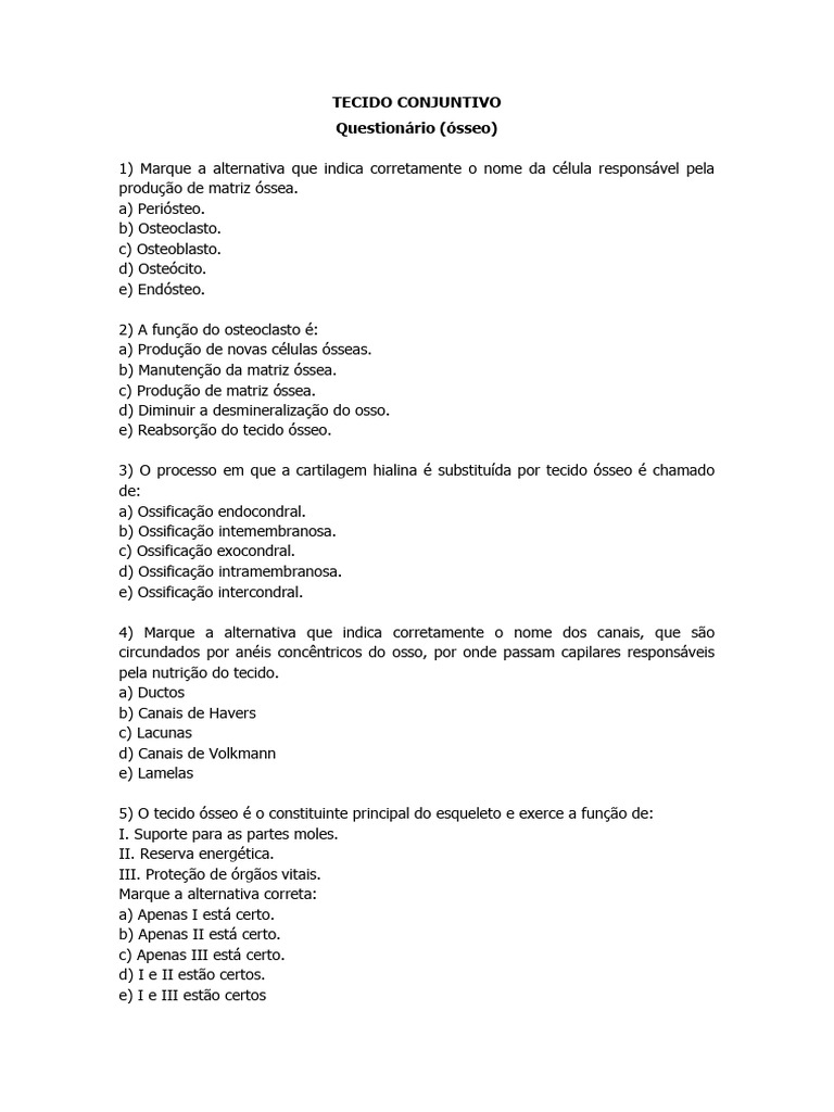 Questões sobre Tecido Conjuntivo e Sangue | PDF | Osso | Glóbulo branco