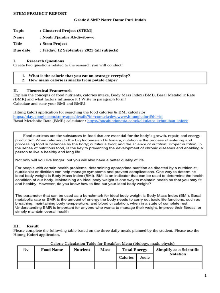 Grade 8 STEM Nutrition Project Report | PDF | Nutrition | Diet & Nutrition
