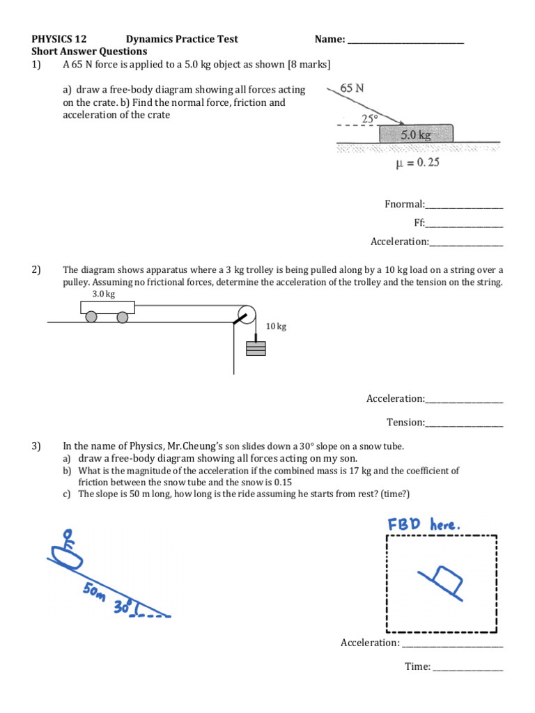 Test - Dynamics Practice Test | PDF | Force | Friction