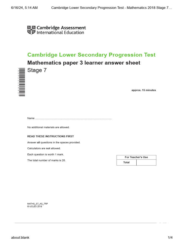 CAMBRIDGE LOWER SECONDARY PROGRESSION TEST STAGE 7 MATH PDF visual data 5