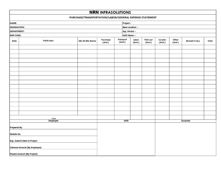 Expense Statement for NRN Infrasolutions | PDF