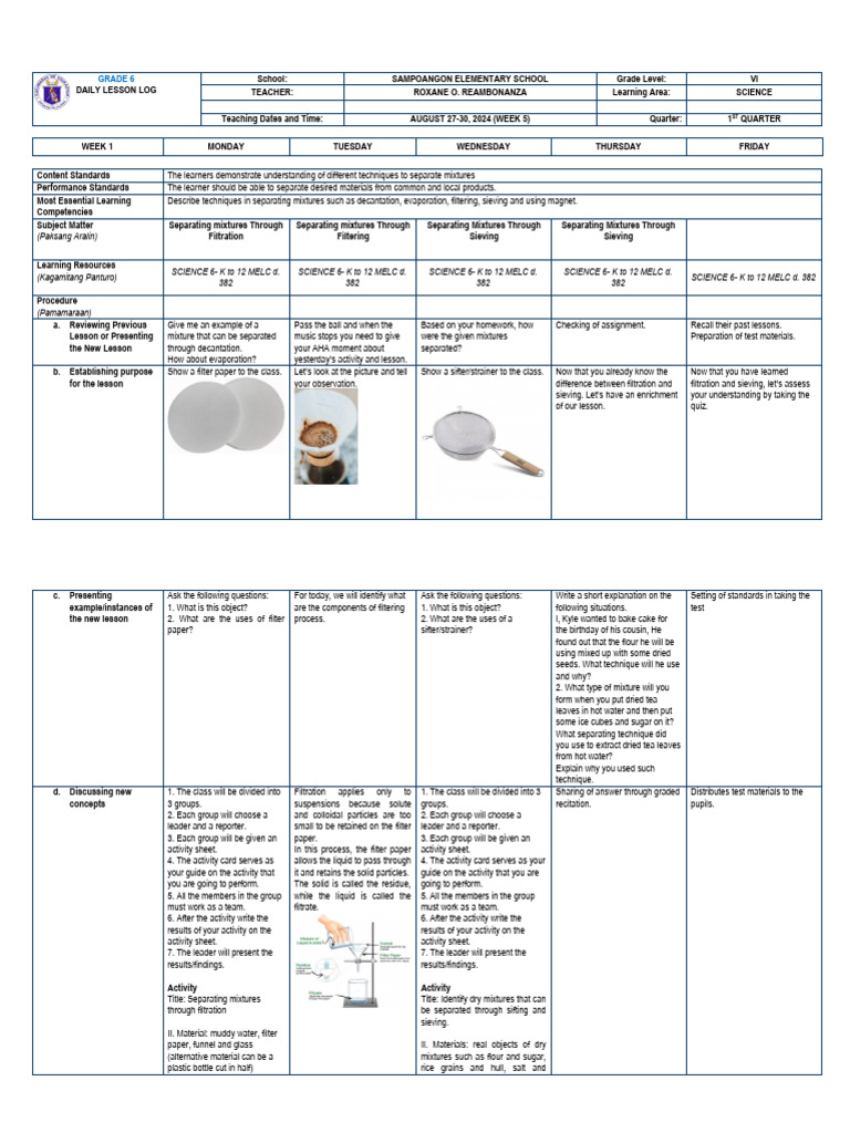 Grade 6 Science: Separating Mixtures Lesson | PDF | Filtration | Mixture